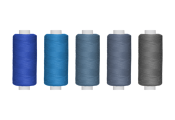 Assortment of Blue and Grey Sewing Threads: Five Vibrant Spools for Crafting and Textile Projects