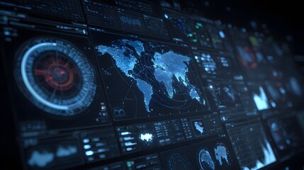 A futuristic global cybersecurity dashboard that displays digital maps, analytics, and data interfaces, representing global monitoring, cyber defense, information systems, and advanced technologies.