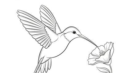 Fototapeta premium Hummingbird feeding from flower, wings spread, black and white illustration, bird in flight, floral