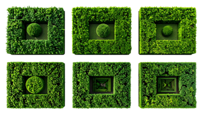 Aerial view of six green square hedges with interior designs, some circular, some maze-like
