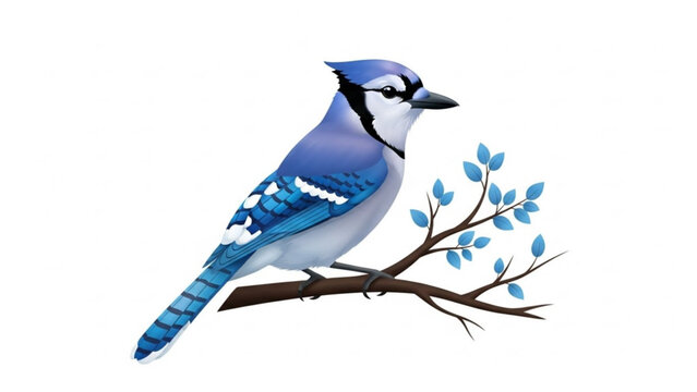 A blue jay perched on a branch with blue leaves against a white background