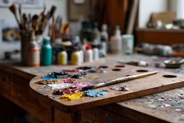Artist Wooden Palette with Colorful Oil Paints and Brushes in Studio