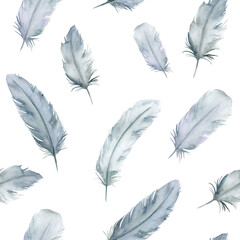 Watercolor seamless pattern with feathers. Hand drawn illustration on white background