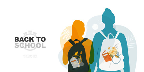 Back to School banner. Silhouettes of two students with backpacks. Modern design.