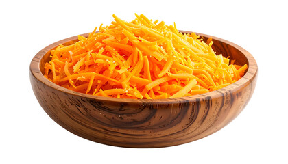 A wooden bowl overflowing with freshly shredded, vibrant orange cheddar cheese