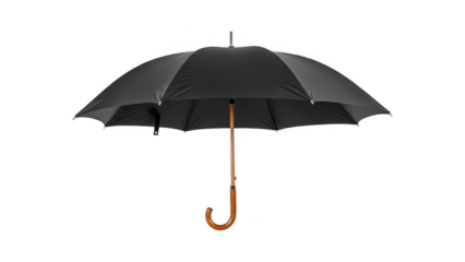 Black umbrella with brown wooden handle isolated on transparent background
