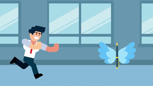Animated video showing a businessman running after a pen with wings, symbolizing the pursuit of creativity, ideas, or success in work and writing.

