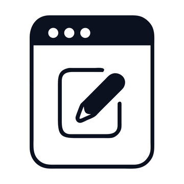 A modern, clean icon of a web browser window featuring a text input field and a pencil, representing online content editing, digital writing, or web page modification, isolated on white