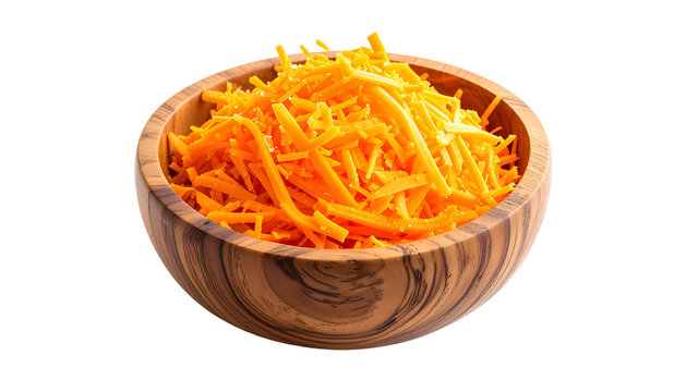 A wooden bowl overflowing with brightly colored, shredded orange cheese on a black background