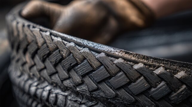 Closeup on a tire retread applying a selfsealing coating inside the tread area to prevent punctures automatically
