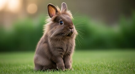 Adorable Fluffy Brown Bunny Sitting Alertly in Lush Green Grass Field.