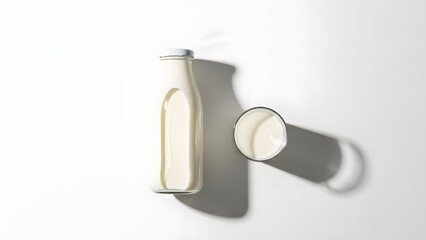 Minimalist Milk Bottle and Glass on White Background