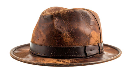 A weathered, brown leather fedora, its brim slightly curved, sits isolated on black