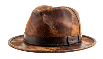 A weathered, brown leather fedora, its brim slightly curved, sits isolated on black