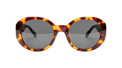 Tortoiseshell sunglasses with dark lenses and classic round frame isolated on transparent background