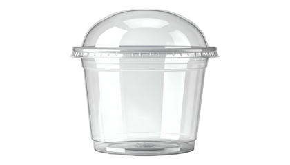 A transparent, disposable plastic cup with a dome lid, isolated on a black background