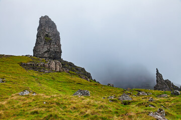 Old Man of Storr rock formation in foggy Isle of Skye Scotland