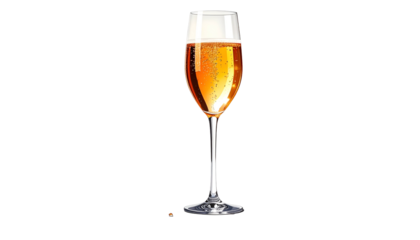 Tall, elegant glass filled with amber liquid, effervescent bubbles, against black