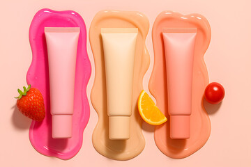 Three tubes of cream on colorful puddles with strawberry, orange slice, and cherry on a soft pink background, vibrant colors and playful composition