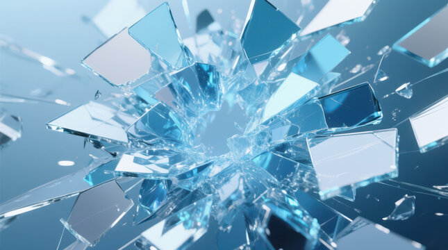Shattered glass fragments explode outward dynamic motion, creating mesmerizing abstract background. Transparent and blue pieces radiate from central point, symbolizing impact and disruption