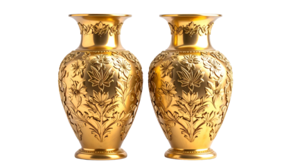 Two ornate golden vases with floral relief detail, set against a solid black background
