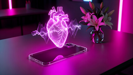 Holographic projection of a glowing pink wireframe human heart hovers above a modern smartphone displaying vital signs and an electrocardiogram waveform in a dark room with neon accents