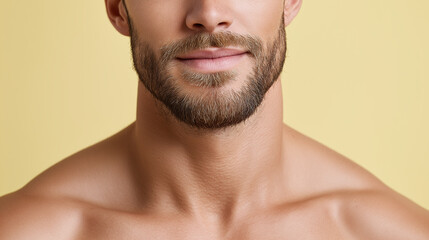 Obraz premium Male close up beard face smooth skin natural light portrait with sharp but soft contour texture and warm pastel background creating calm and confident mood