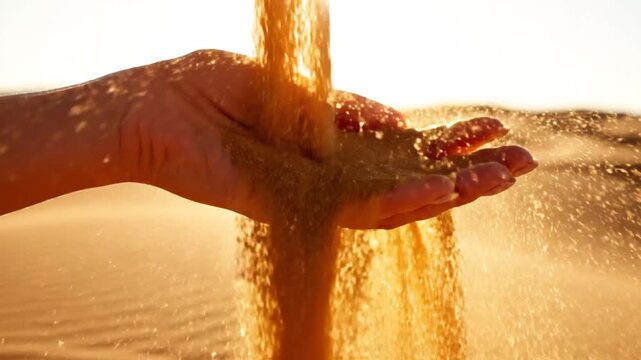 Close-up of hand letting sand fall from between fingers in a golden desert scene