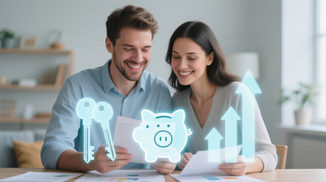 Happy young couple collaborating financial planning, reviewing important documents. An optimistic outlook saving, investment, and future home ownership highlights their shared growth strategy - Powered by Adobe