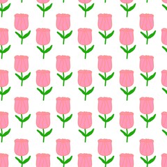 Seamless pattern of pink tulip flowers with green leaves on light purple and white backgrounds. Simple cute floral botanical vector illustration.