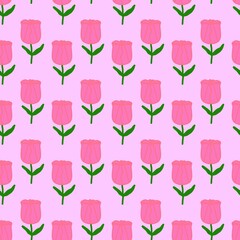 Seamless pattern with cute pink tulip flowers and green stems on light pink background. Charming floral design for kids' fashion, nursery wallpaper, and spring-themed stationery.