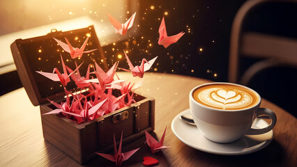 Magical wooden treasure chest overflowing with delicate pink origami paper cranes taking flight beside a beautifully crafted cup of rich coffee featuring perfect heart latte art on a warm table