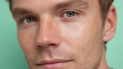 Obraz premium Matte finish male skin shown in macro close up with pastel sage green background, highlighting natural freckles and light facial hair, creating calm and fresh mood