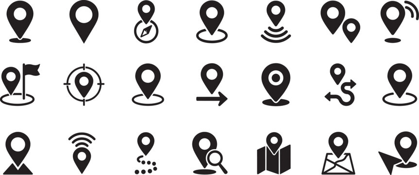Flat location icon set vector with GPS pin, map and navigation symbols for travel apps and geolocation.