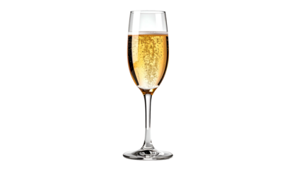 A tall, slender champagne flute filled with bubbly, golden-hued beverage