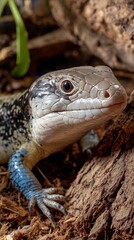 Obraz premium Close-up of a blue-tailed lizard resting on textured bark, showcasing intricate scaled skin and vibrant blue tail against a natural woodland background