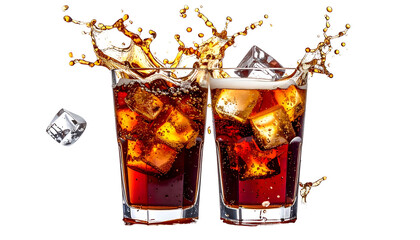 Two tall glasses filled with a dark liquid and ice, creating a splash effect