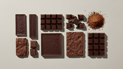 An overhead view of various chocolate forms including bars, squares, textured pieces, and cocoa powder arranged on a light surface.