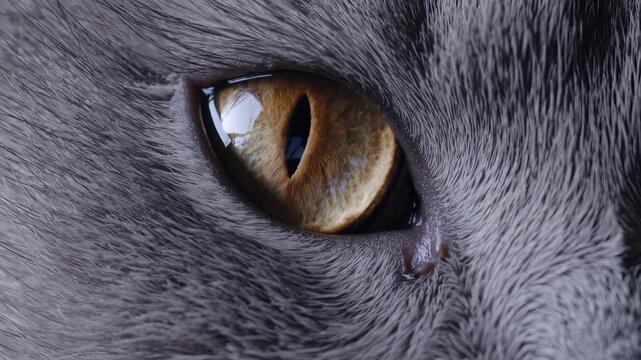Golden feline eye in detailed macro closeup. Iris shows vivid structure of cat vision. Animal fur around eye sharp in focus. Macro fur texture, cat iris, and vision detail highlight feline closeup