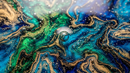 Fototapeta premium A mesmerizing abstract close-up captures vibrant swirling patterns of emerald green, deep blue, and shimmering gold liquid, speckled with tiny iridescent bubbles, creating a rich marbled texture.