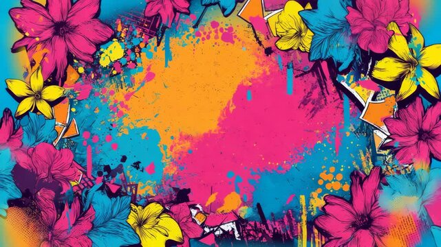 Colorful abstract graffiti with vibrant flowers and splatter art