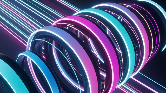 An mesmerizing abstract composition features an interwoven spiral of vibrant neon rings and glowing light trails, creating a dynamic and futuristic tunnel effect with vivid colors. - Powered by Adobe