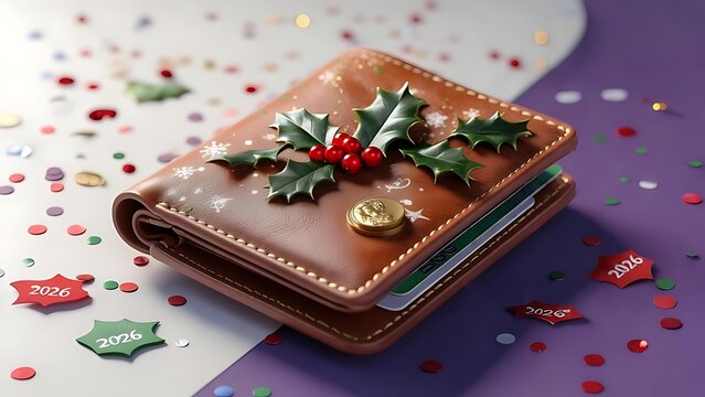 A brown leather wallet with holly decoration and scattered confetti on a two-toned purple background