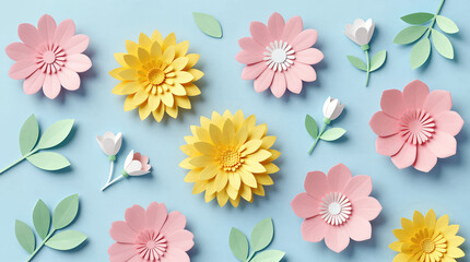 Colorful paper flowers and leaves on blue background.