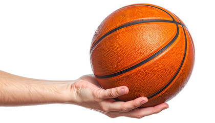 Hand holding an orange basketball against a black background. Textured surface