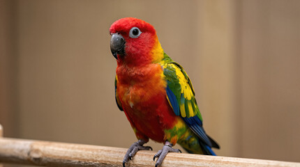 Colorful parrot with red head standing on wooden perch