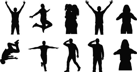 Active people silhouettes set featuring jumping cheering hugging and celebrating poses for community success and lifestyle marketing graphics