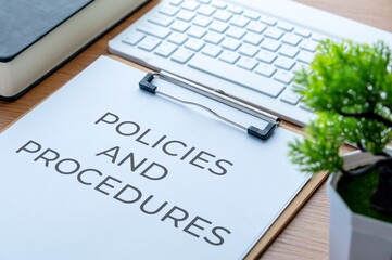 A clipboard with "POLICIES AND PROCEDURES" text on a wooden desk next to a keyboard and book. Corporate compliance, business regulations, guidelines concept.