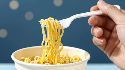 Hand holding white plastic fork with instant noodles over paper cup.