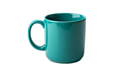 Teal ceramic mug, simple design, handle to the left, isolated against a solid black background